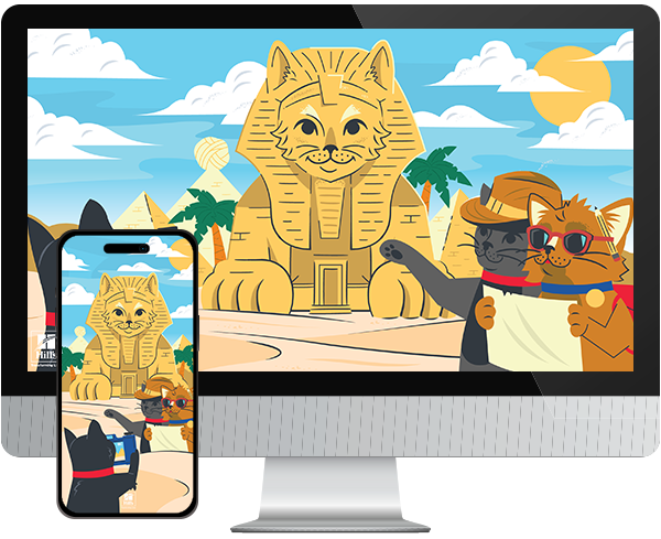 Desktop & mobile example of  "Globetrotting Gatos" pet wallpaper for phones